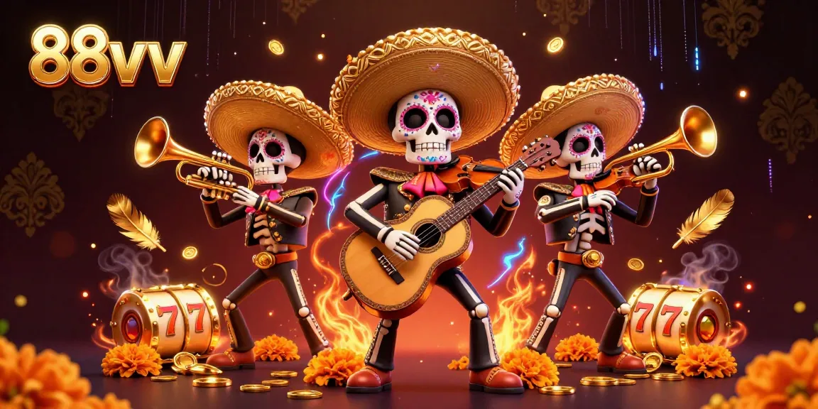 Engage with 88vv's vibrant scene featuring a mariachi band amid slot reels and golden coins.