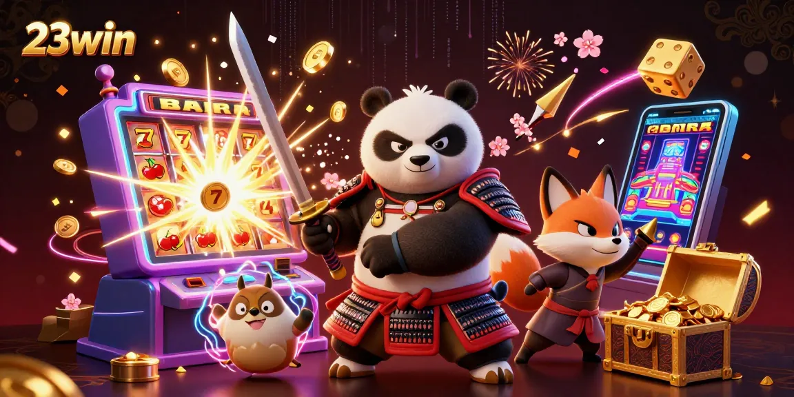 Experience the excitement of 23win with a dynamic casino illustration featuring samurai panda and magical elements.
